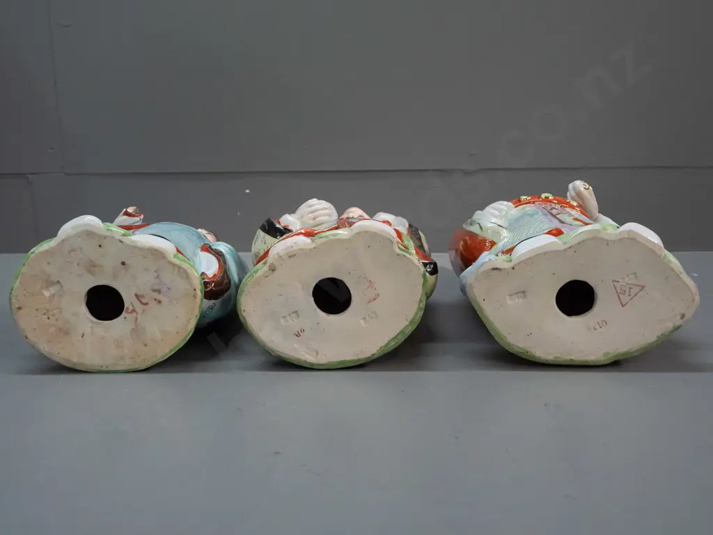 3 Chinese hand painted figures, character marks on base, one missing head-dress pieces, one missing top of staff. Taller Image 1++