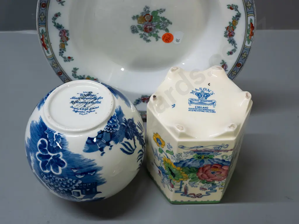 Chelsea Burslem plate and 2 tea caddies - one vintage 6-sided Masons Ironstone floral and one Willow pattern made for Image 1++