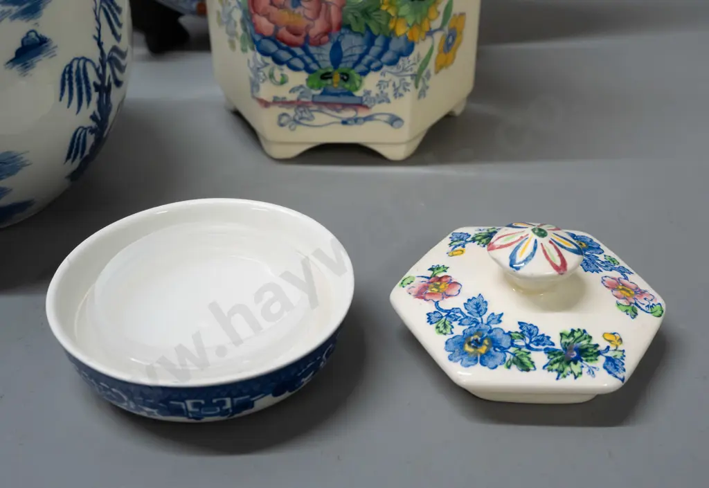 Chelsea Burslem plate and 2 tea caddies - one vintage 6-sided Masons Ironstone floral and one Willow pattern made for Image 1++