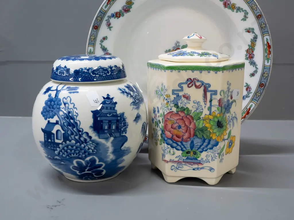 Chelsea Burslem plate and 2 tea caddies - one vintage 6-sided Masons Ironstone floral and one Willow pattern made for Image 1++