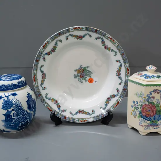Chelsea Burslem plate and 2 tea caddies - one vintage 6-sided Masons Ironstone floral and one Willow pattern made for