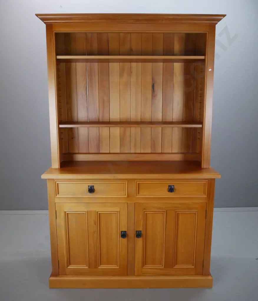 contemporary bespoke solid rimu wall unit with 2 solid panel doors, 2 dovetail drawers, cast metal drop handles Image 1++