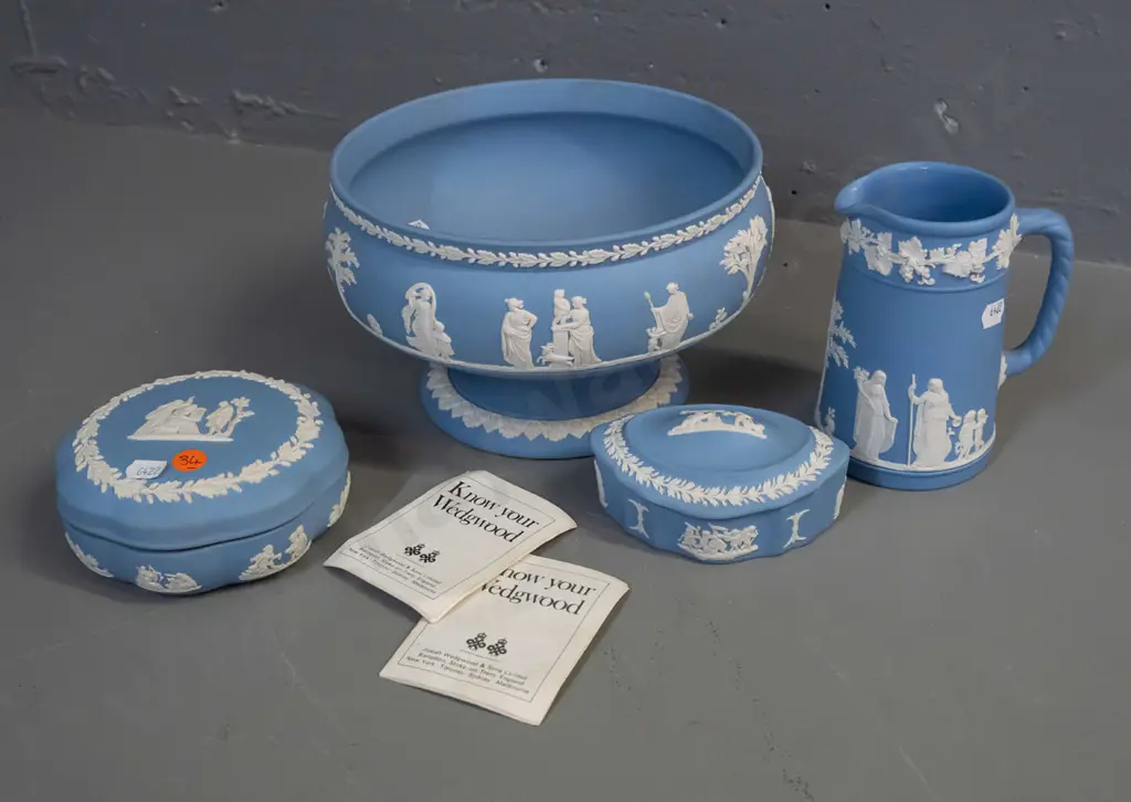 4 pieces of Wedgwood pale blue jasperware - comport H-130 D-200, jug and 2 lidded canisters Image 1++