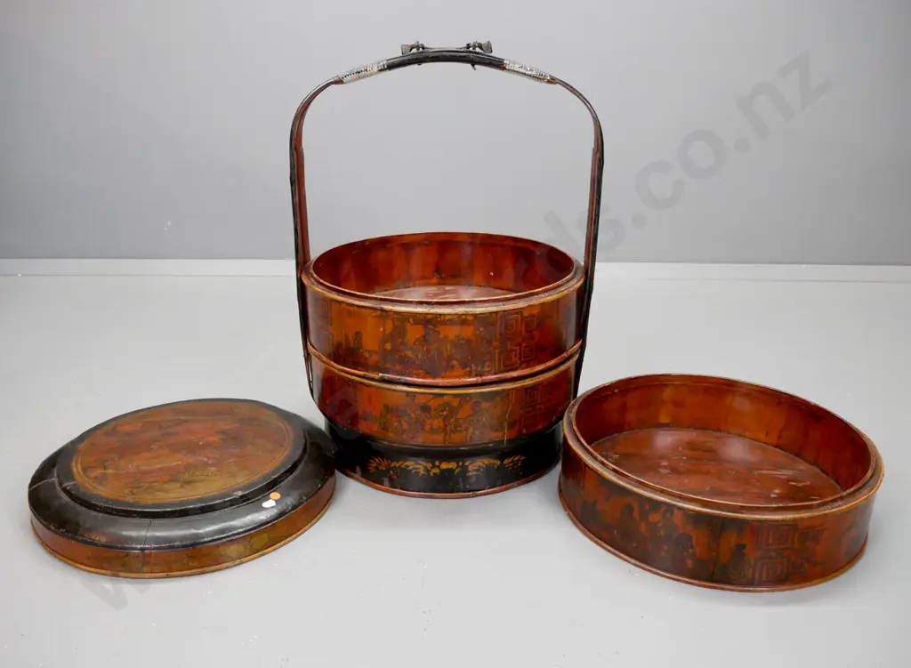 vintage pine and mixed timber Chinese barrel-shaped 3-tier wedding basket with 2 lift out trays with cane strapping, Image 1++