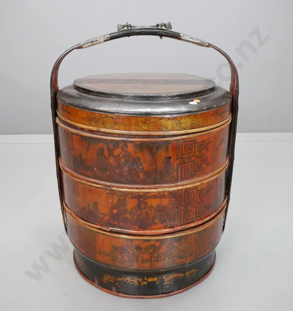 vintage pine and mixed timber Chinese barrel-shaped 3-tier wedding basket with 2 lift out trays with cane strapping, Image 1++