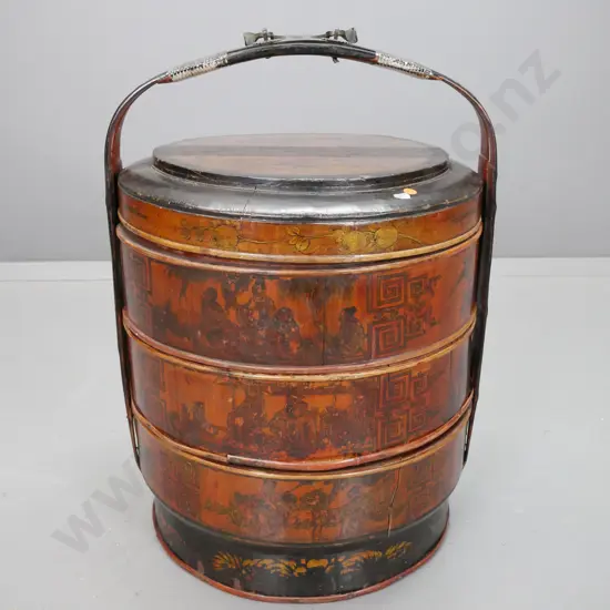 vintage pine and mixed timber Chinese barrel-shaped 3-tier wedding basket with 2 lift out trays with cane strapping,