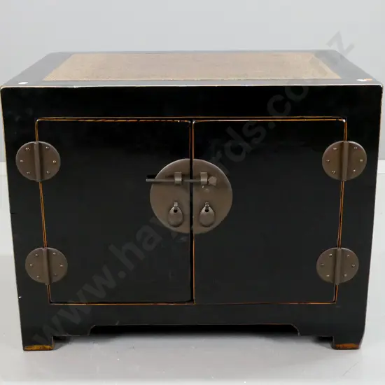 Chinese elmwood black lacquered 2-door low cupboard, lacquered woven insert in top, metal hardware H-510 W-650 D-480