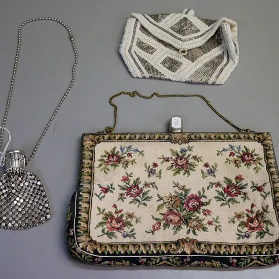 3x purses: fabric, glass beaded, white metal chain