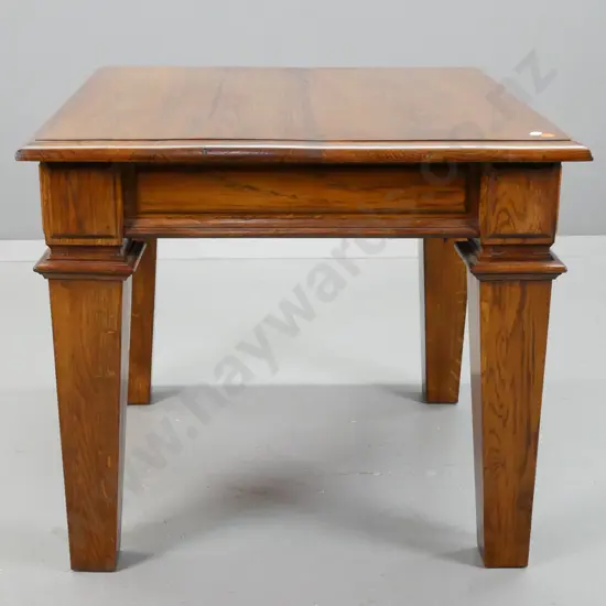 reproduction oak end table with square section tapered legs, applied laminate decoration H-530 W-610 D-590