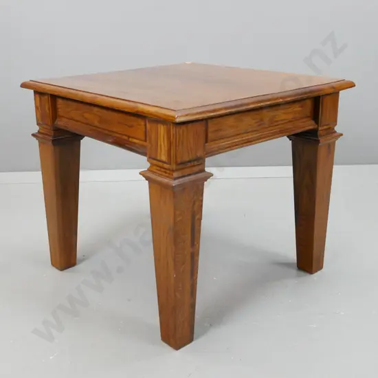 reproduction oak end table with square section tapered legs, applied laminate decoration H-530 W-610 D-590