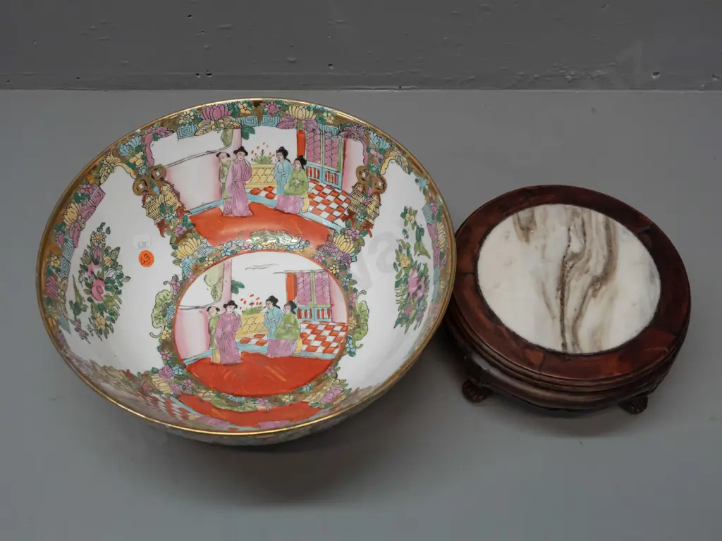 Chinese bowl with hand painted & gilt decoration with a circular hardwood stand with marble insert, on claw feet. Bowl Image 1++