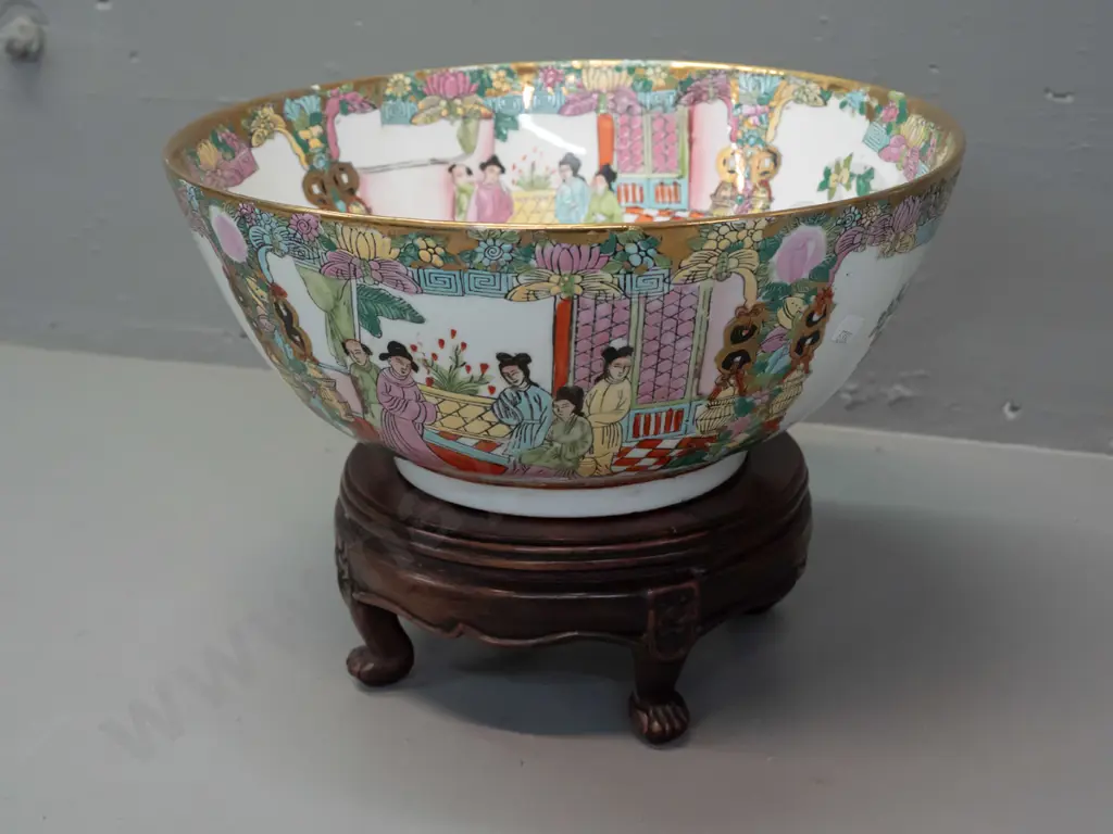 Chinese bowl with hand painted & gilt decoration with a circular hardwood stand with marble insert, on claw feet. Bowl Image 1++