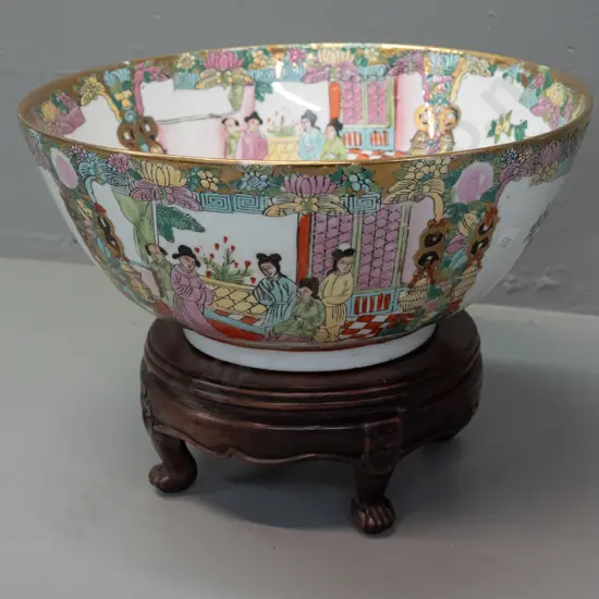 Chinese bowl with hand painted & gilt decoration with a circular hardwood stand with marble insert, on claw feet. Bowl