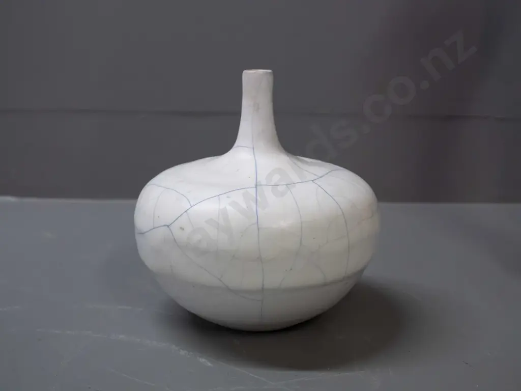 Nicole Kolig studio pottery squat bottle vase - white with blue craze effect H-180 Image 1++