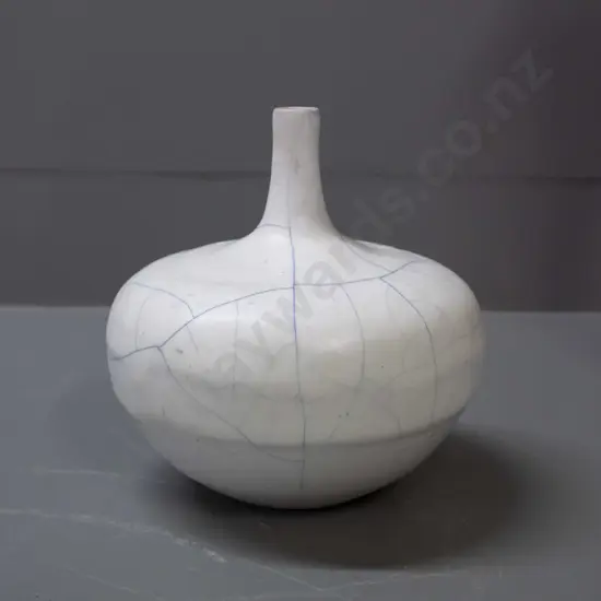 Nicole Kolig studio pottery squat bottle vase - white with blue craze effect H-180