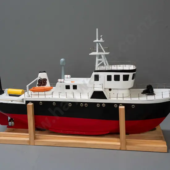 large motorised model boat - rescue vessel, marked Ixplorer. Untested. On wooden stand H-410 L-740.