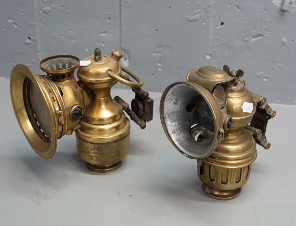 2 vintage brass carbide bicycle lanterns - one marked Herm Piemann Phanomen Chemnitz, other marked British Made, has Image 1++