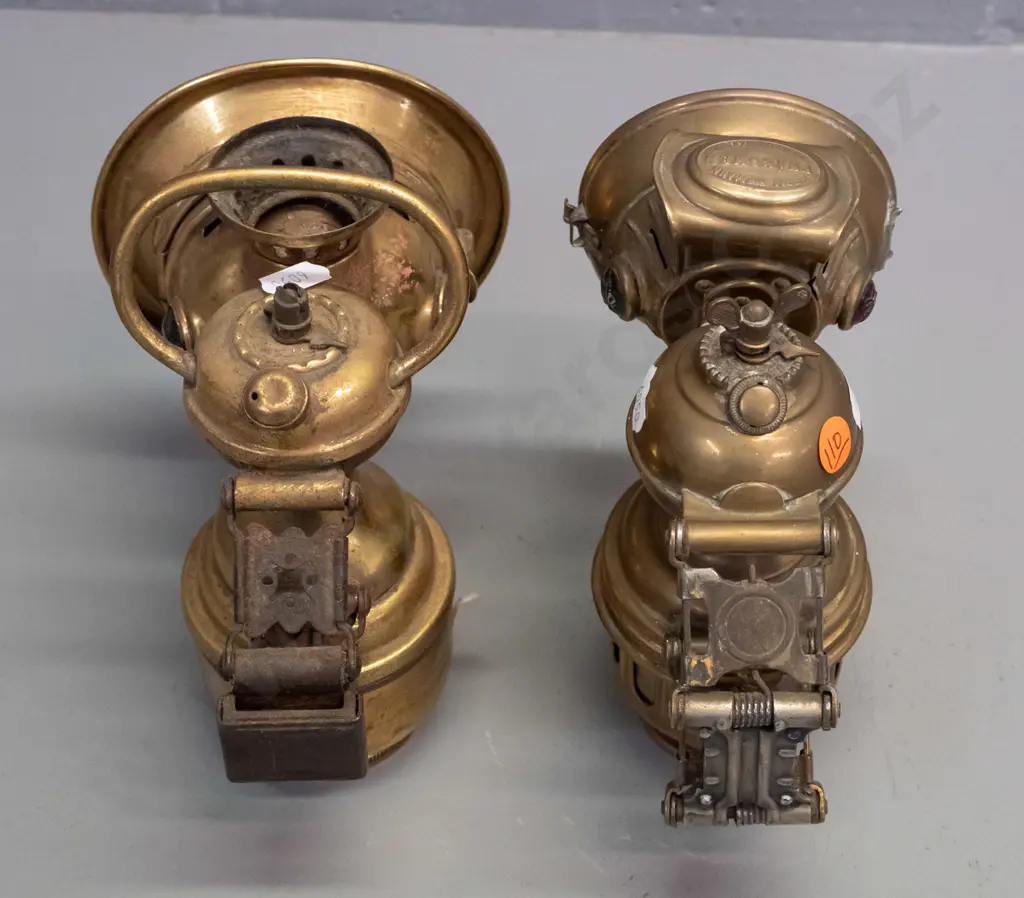 2 vintage brass carbide bicycle lanterns - one marked Herm Piemann Phanomen Chemnitz, other marked British Made, has Image 1++