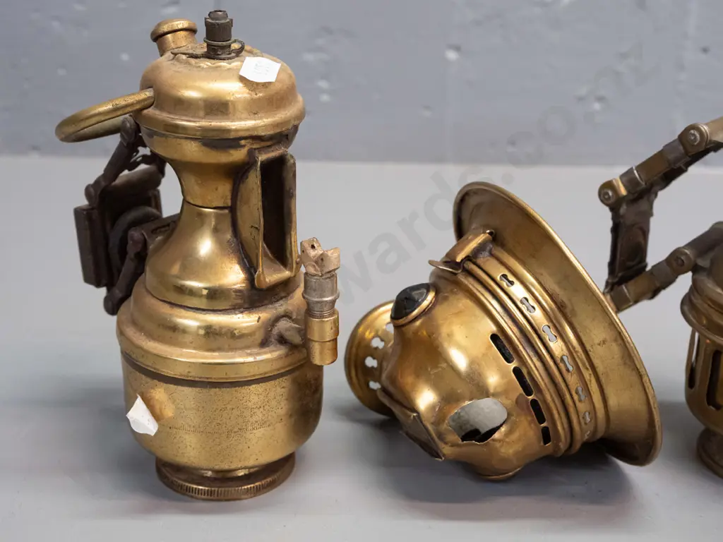 2 vintage brass carbide bicycle lanterns - one marked Herm Piemann Phanomen Chemnitz, other marked British Made, has Image 1++