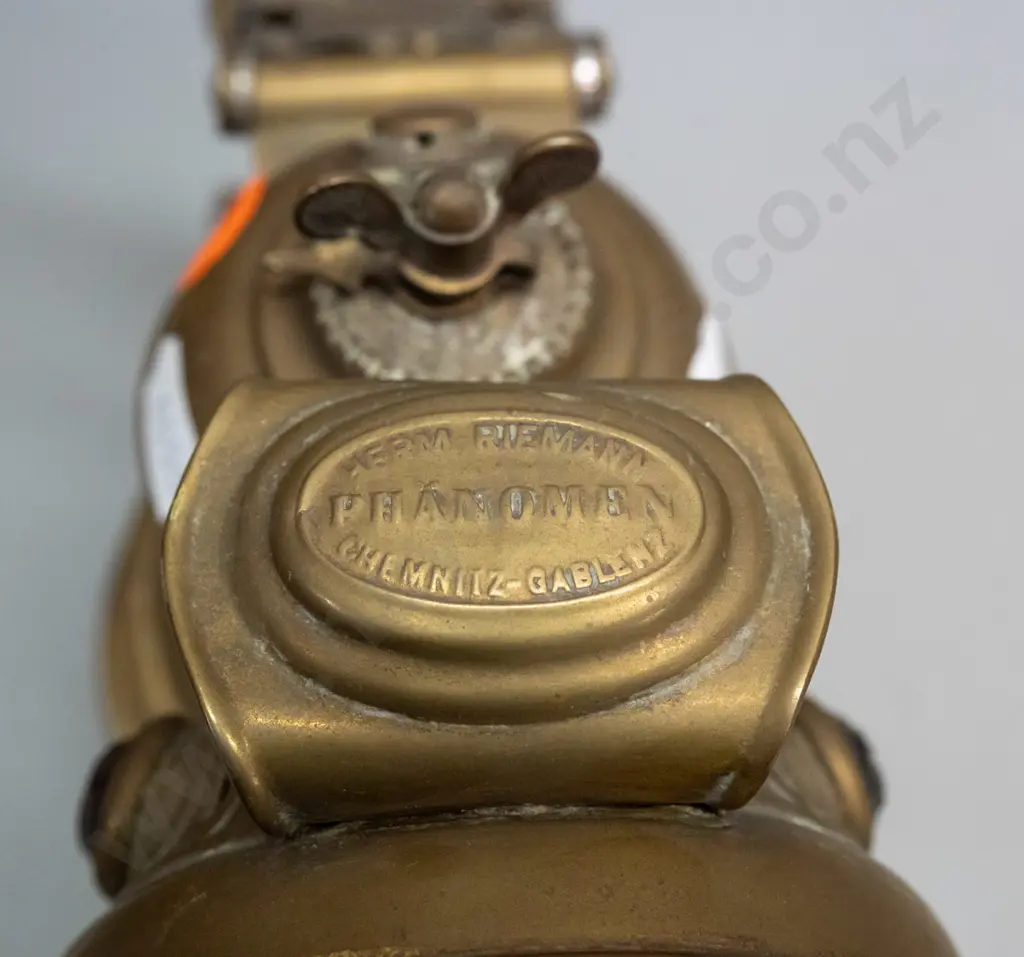 2 vintage brass carbide bicycle lanterns - one marked Herm Piemann Phanomen Chemnitz, other marked British Made, has Image 1++