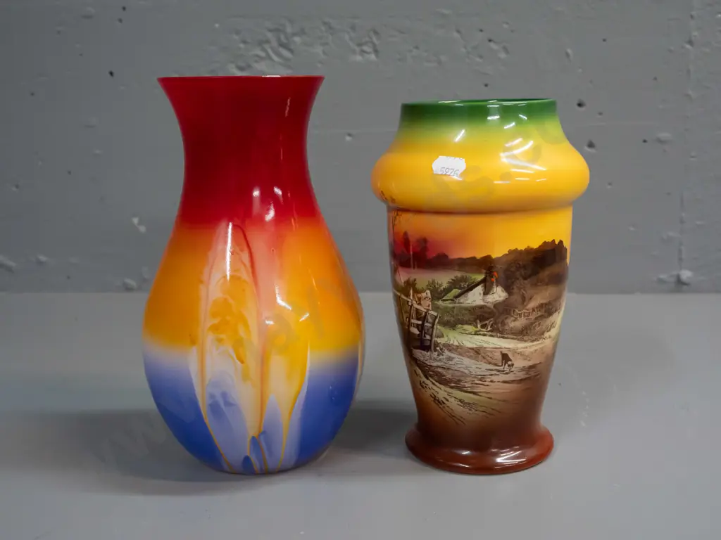 German hand blown glass vase with 'Ambiente' label and a Shelley Late Foley 'Surrey Scenery' vase w/ some crazing inside Image 1++