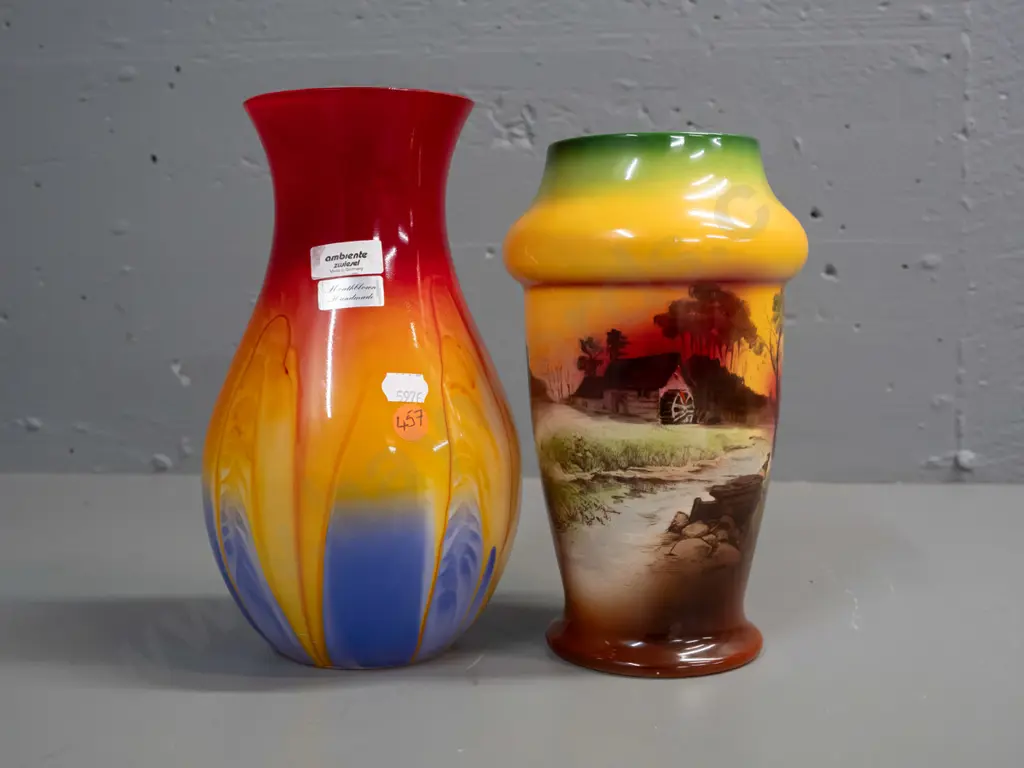 German hand blown glass vase with 'Ambiente' label and a Shelley Late Foley 'Surrey Scenery' vase w/ some crazing inside Image 1++