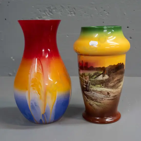 German hand blown glass vase with 'Ambiente' label and a Shelley Late Foley 'Surrey Scenery' vase w/ some crazing inside
