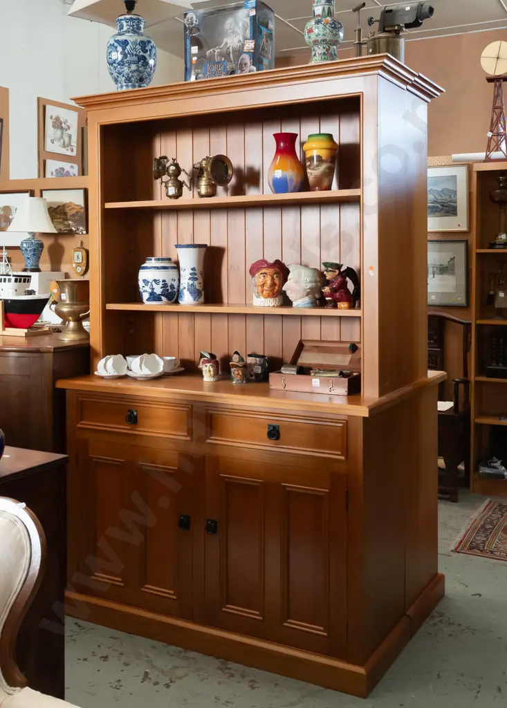 contemporary bespoke solid rimu wall unit with 2 solid panel doors, 2 dovetail drawers, cast metal drop handles Image 1++