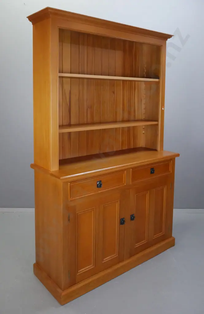 contemporary bespoke solid rimu wall unit with 2 solid panel doors, 2 dovetail drawers, cast metal drop handles Image 1++