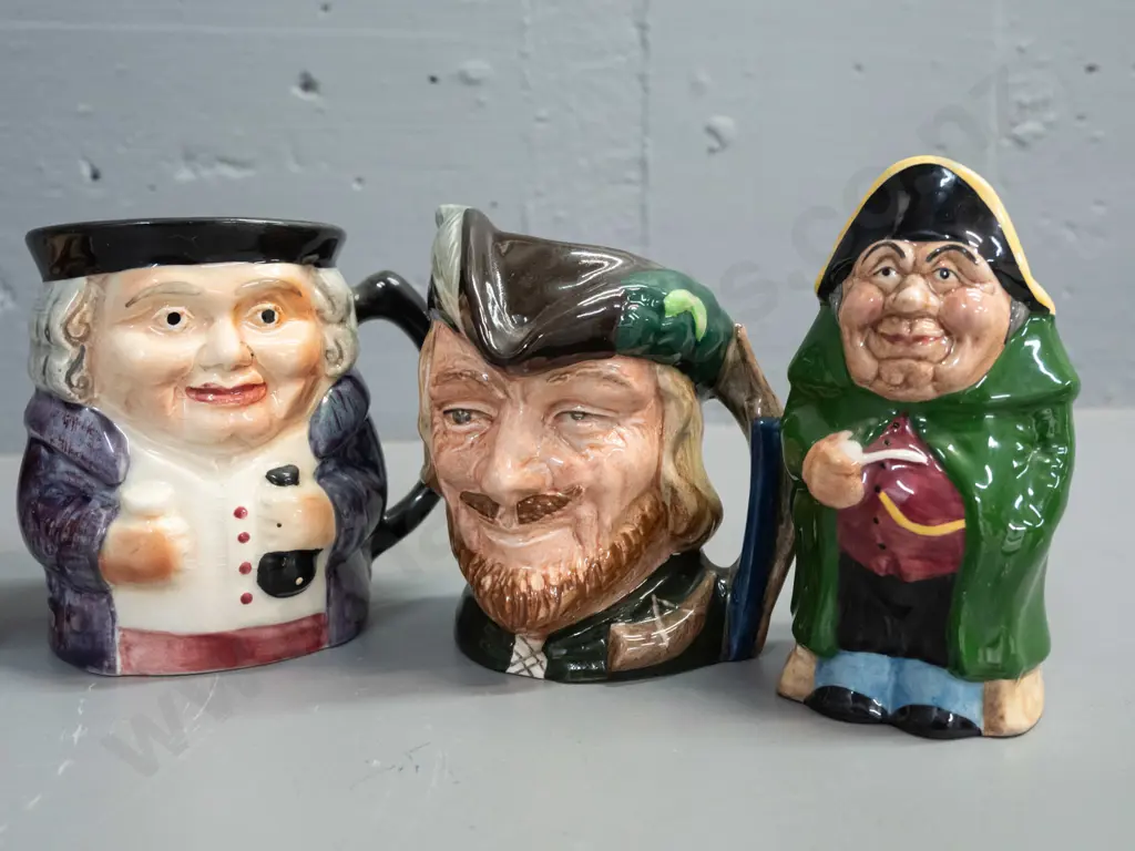 5 small character jugs - Royal Doulton Robin Hood, 'Staffordshire By Manor' Mr. Bumble, Shorter & Sons and 2 unmarked, Image 1++