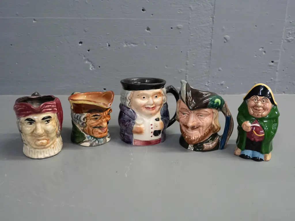 5 small character jugs - Royal Doulton Robin Hood, 'Staffordshire By Manor' Mr. Bumble, Shorter & Sons and 2 unmarked, Image 1++