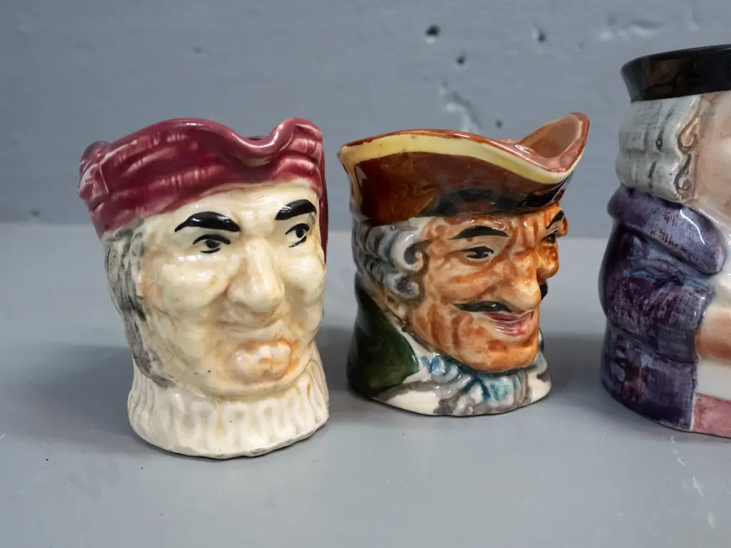 5 small character jugs - Royal Doulton Robin Hood, 'Staffordshire By Manor' Mr. Bumble, Shorter & Sons and 2 unmarked, Image 1++