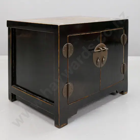 Chinese elmwood black lacquered 2-door low cupboard, lacquered woven insert in top, metal hardware H-510 W-650 D-480.