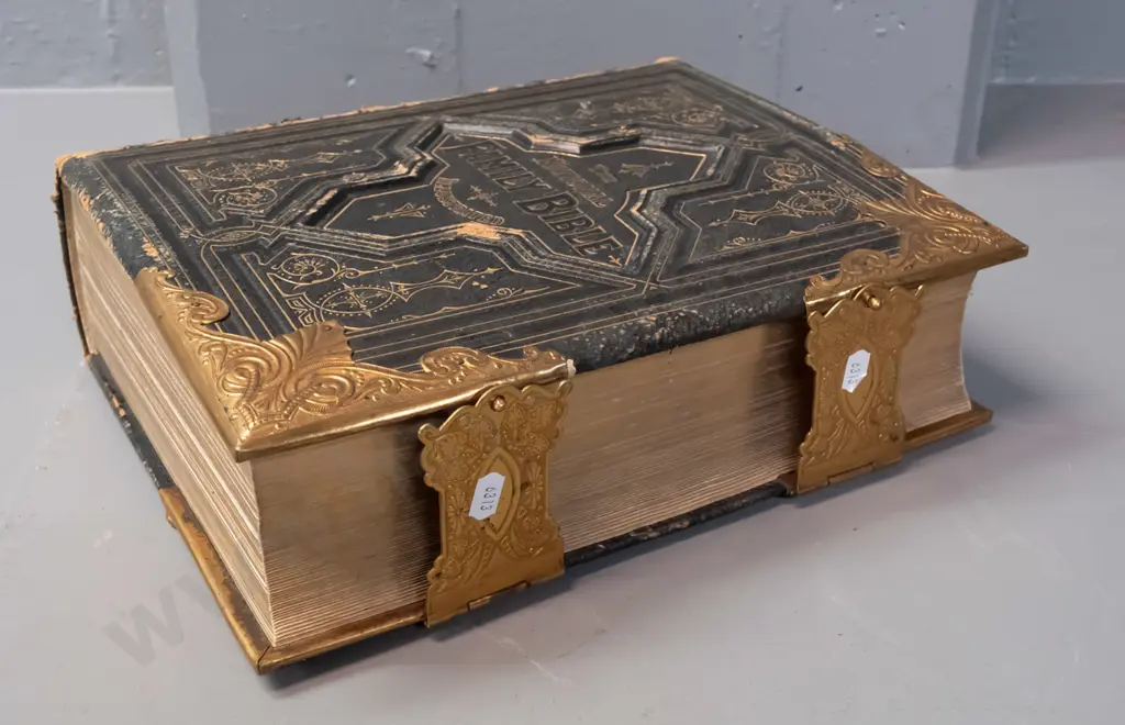 vintage large bible with heavily embossed leather binding, brass binding and latch - pub. Cassell & Co, first family Image 1++