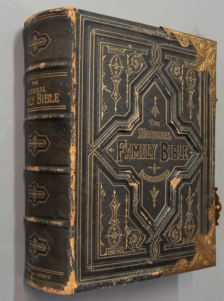 vintage large bible with heavily embossed leather binding, brass binding and latch - pub. Cassell & Co, first family Image 1++