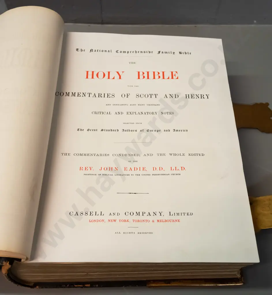 vintage large bible with heavily embossed leather binding, brass binding and latch - pub. Cassell & Co, first family Image 1++