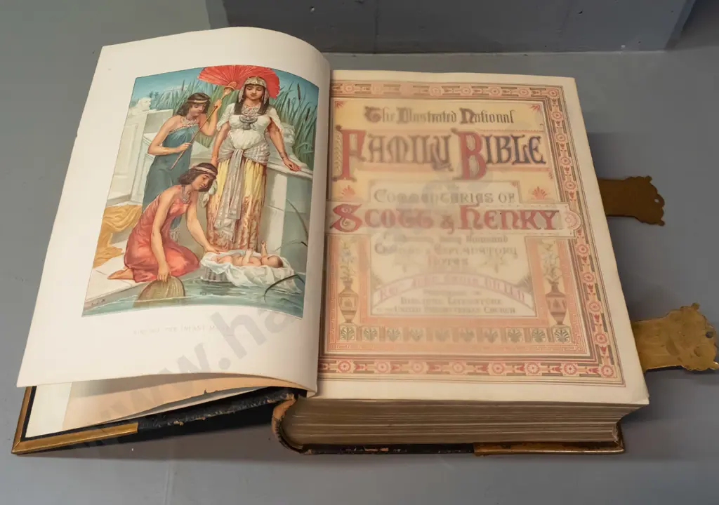 vintage large bible with heavily embossed leather binding, brass binding and latch - pub. Cassell & Co, first family Image 1++