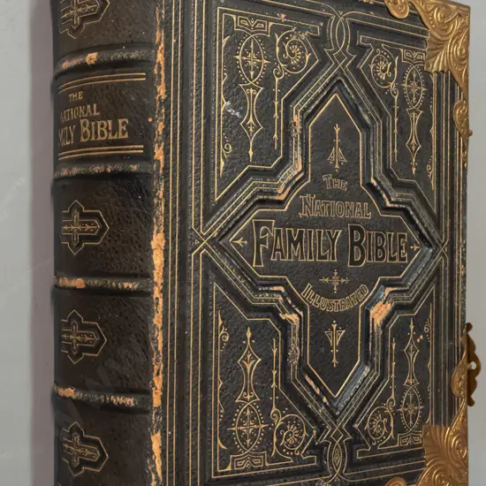 vintage large bible with heavily embossed leather binding, brass binding and latch - pub. Cassell & Co, first family