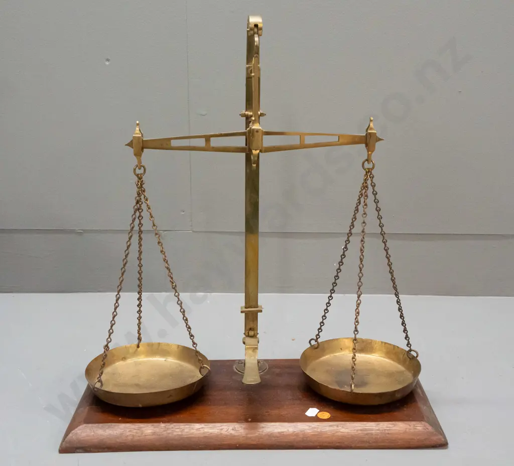 vintage brass balance scales on timber base - brass parts marked Meeks & Co. B'ham - some age wear & pitting H-450 W-400 Image 1++