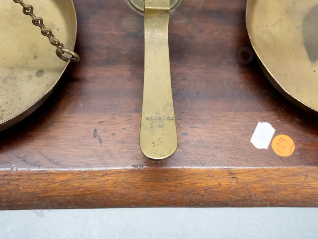 vintage brass balance scales on timber base - brass parts marked Meeks & Co. B'ham - some age wear & pitting H-450 W-400 Image 1++