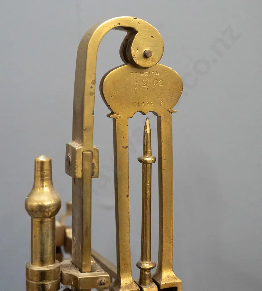 vintage brass balance scales on timber base - brass parts marked Meeks & Co. B'ham - some age wear & pitting H-450 W-400 Image 1++