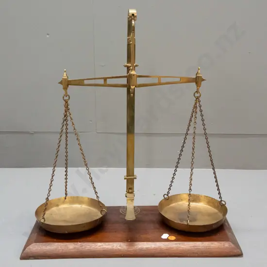 vintage brass balance scales on timber base - brass parts marked Meeks & Co. B'ham - some age wear & pitting H-450 W-400