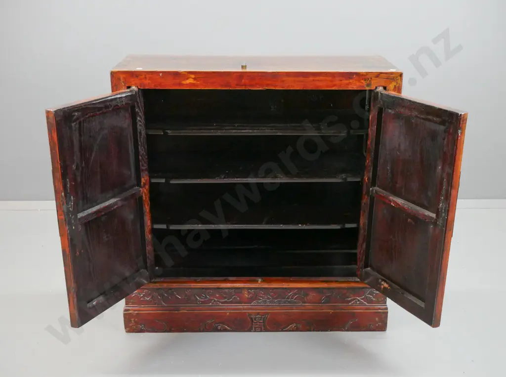 Chinese elm 2-door cupboard with blind-carved 2-step plinth base w/ character mark and foliate motifs, brass plates with Image 1++