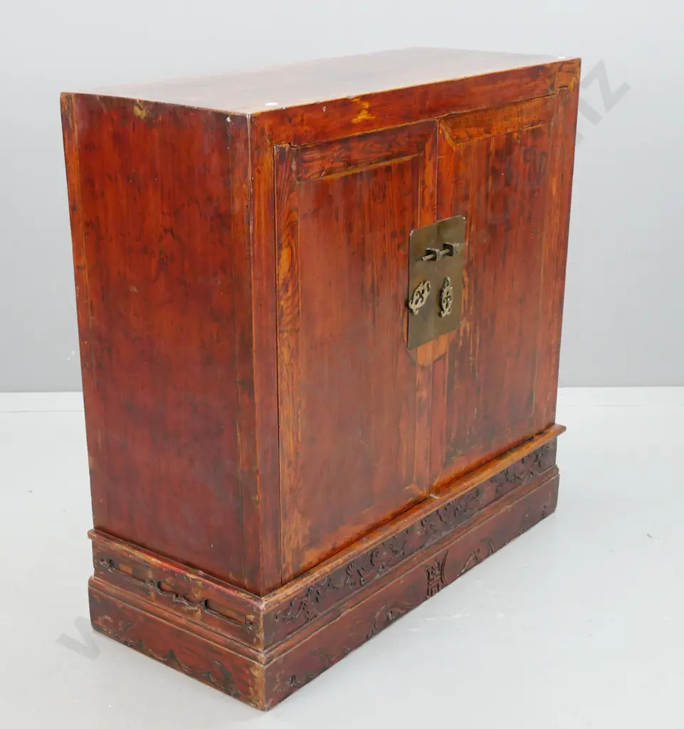 Chinese elm 2-door cupboard with blind-carved 2-step plinth base w/ character mark and foliate motifs, brass plates with Image 1++
