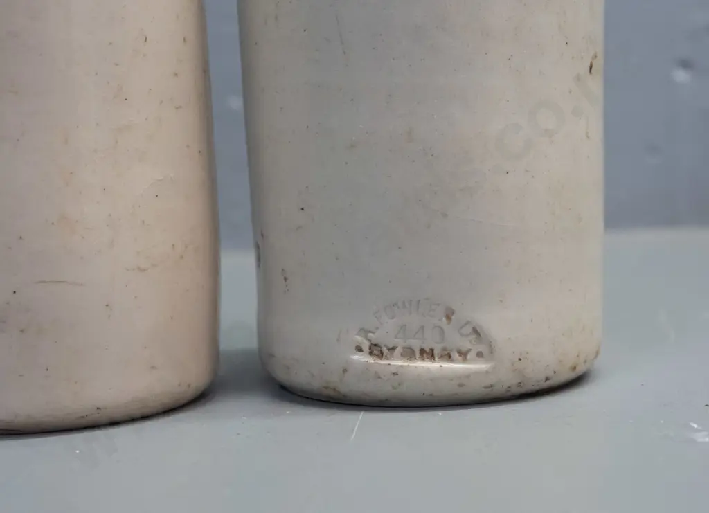 2 stoneware ginger beer bottles - C.L. Innes Auckland & Hamilton, Merbein Cordial Works / Chiselett - and a Moffatt & Co Image 1++