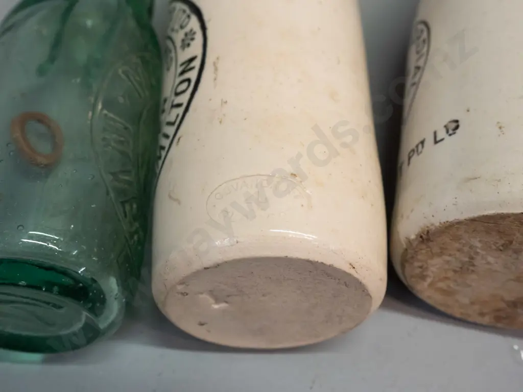 2 stoneware ginger beer bottles - C.L. Innes Auckland & Hamilton, Merbein Cordial Works / Chiselett - and a Moffatt & Co Image 1++