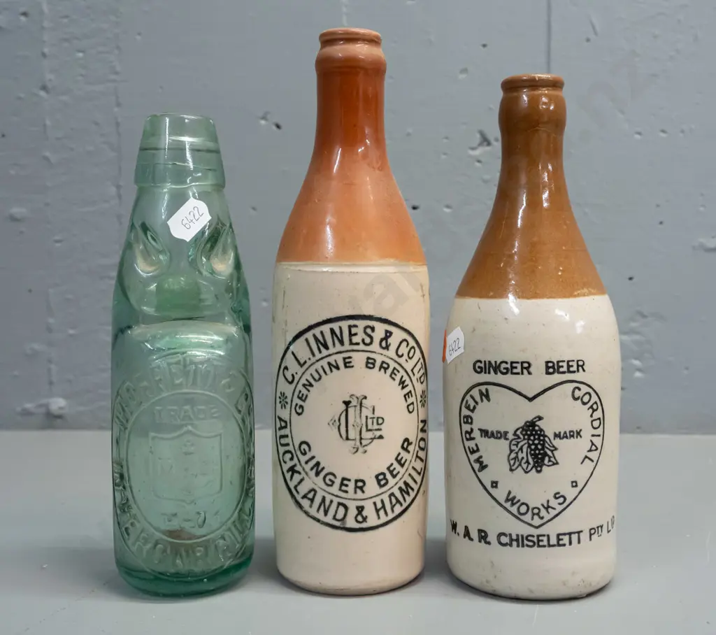 2 stoneware ginger beer bottles - C.L. Innes Auckland & Hamilton, Merbein Cordial Works / Chiselett - and a Moffatt & Co Image 1++