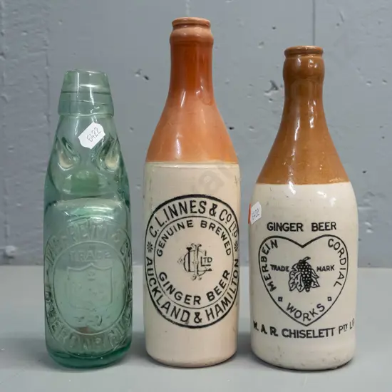 2 stoneware ginger beer bottles - C.L. Innes Auckland & Hamilton, Merbein Cordial Works / Chiselett - and a Moffatt & Co