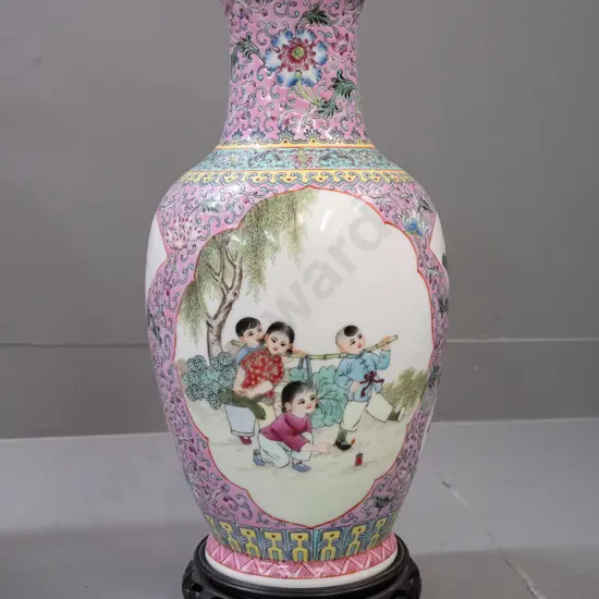 Chinese polychrome hand painted vase on hardwood stand - children motifs H-395 D-170