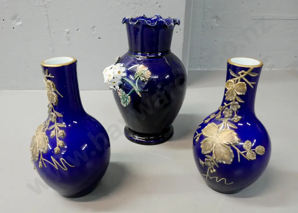 3x cobalt blue vases: 2x overlaid blue-over-white glass bottle vases with applied gold foliate decoration; Image 1++